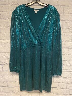 Cara Santana Nine West Teal Sequin Faux Wrap-Style Long Sleeve Dress Size XXL